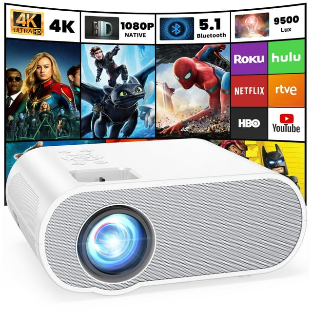 HOMPOW Projecteur, Projecteur Bluetooth Full HD 1080P Natif avec Haut-Parleur, Mini Projecteur de Film Portable Extérieur Compatible avec Ordinateur Portable, Téléphone Intelligent, TV Stick, Xbox, PS5