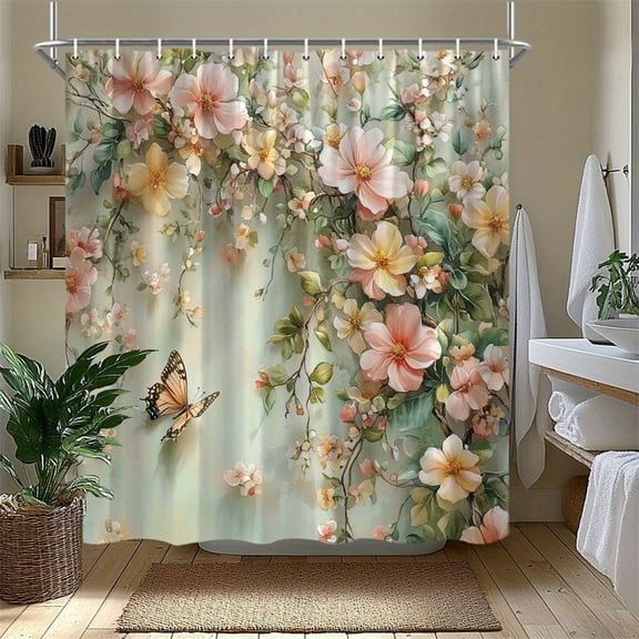 Soft Peach Pink Blossom Butterfly Watercolor Floral Print Waterproof Fabric Shower Curtain With Hooks Romantic Cottage Bathroom Decor