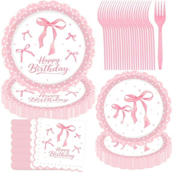 JESTAR 96Pcs Birthday Party Supplies for 24 Guests,  Cute Pink Bow Theme for Girl Birthday