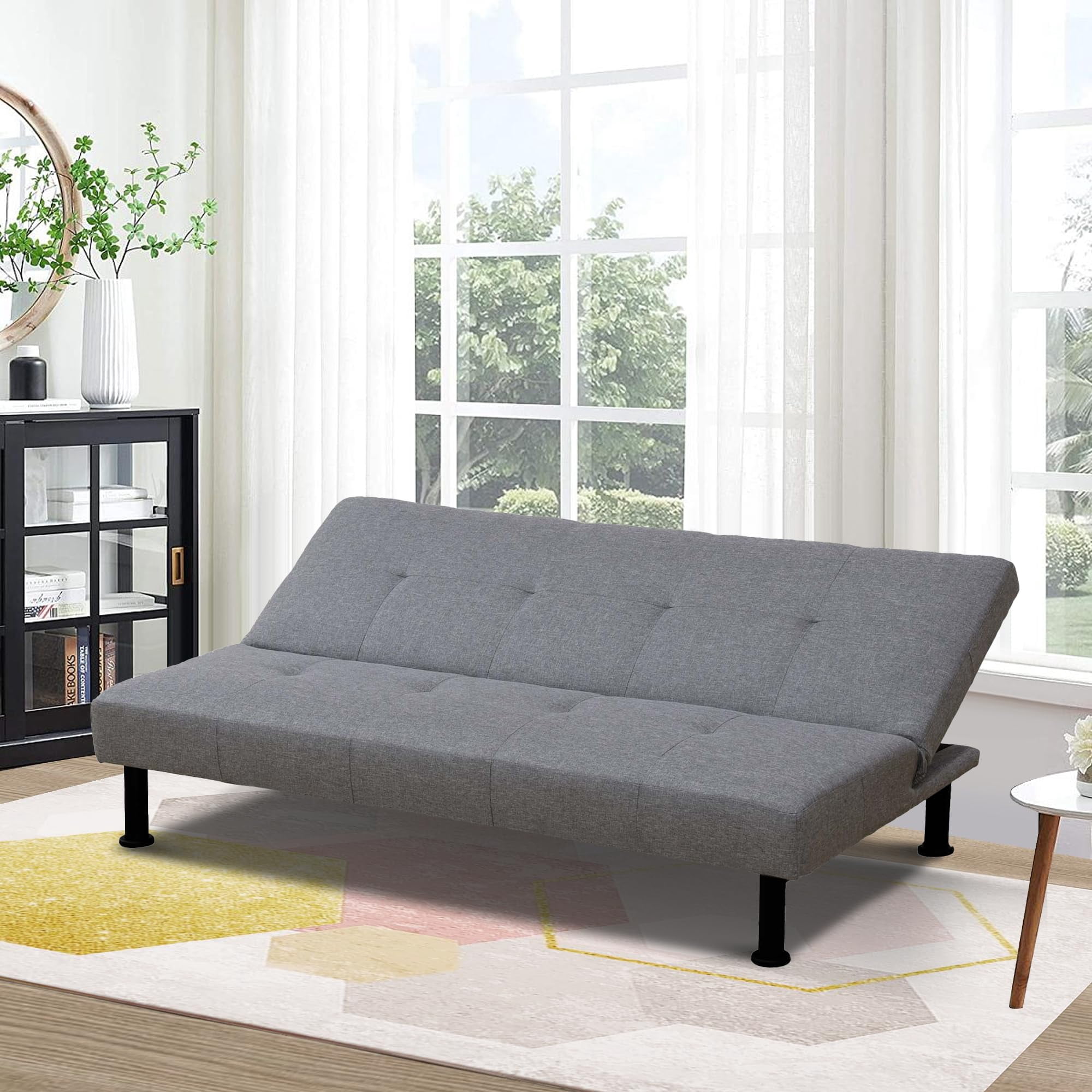 Aukfa Modern Futon Convertible Sofa Bed for Home Office, Tufted Back, Linen, Gray
