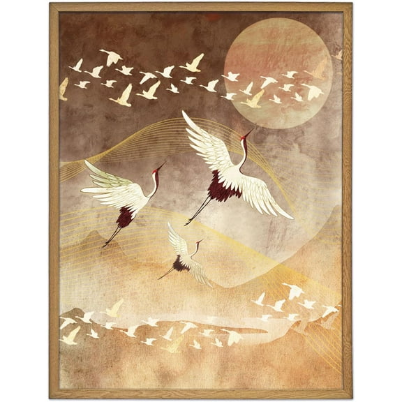 1 Pc Flying Crane Framed Canvas Wall Art Oil Paint Bird Moons Illustrations Modern Art Vintage Crane Poster Asian Bird Art