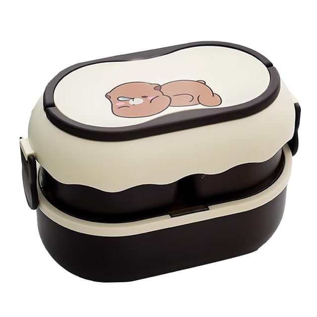 Fiambrera bento grande de 2 niveles, color marrón, con 3 compartimentos, apta para microondas y portátil, perfecta para comidas satisfactorias para llevar