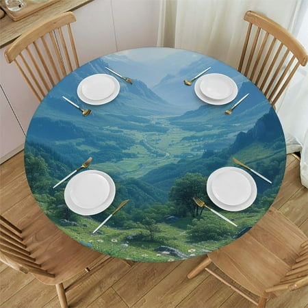 

YANMS Summer Vista Beautiful Realistic Landscape Waterproof Round Table Cover 100% Polyester Fiber 54-58
