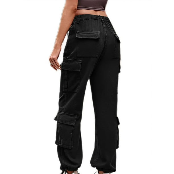 LUXUR Ladies Cargo Pant Drawstring Denim Pants Solid Color Bottoms Casual  Trousers High Waist Jeans Black 2XL 