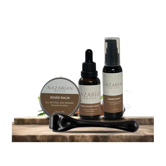 Nazarian Beard Growth and Grooming Kit, Includes Oil, Serum, Balm, and Shampoo, 4-Piece Set