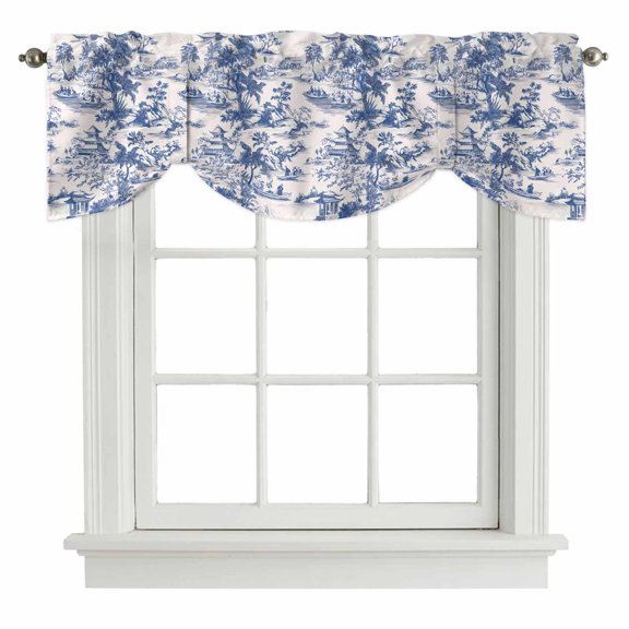Tie Up Valance Blue Garden Retro Valances for Windows Modern Art Building Tree Boat Balloon Shade Valance Window Treatment Short Curtain Valances for Living Room Kitchen Bedroom Bathroom 54"x18"