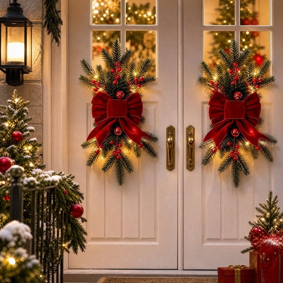 Feledorashia Lighted Christmas Swag, Front Door Hanging Decor, 2 Piece Artificial Pine Door Swag Set for Front Door Wall Window, Integrated LED Lights Velvet Bows Berry Accents and Hanging Loops