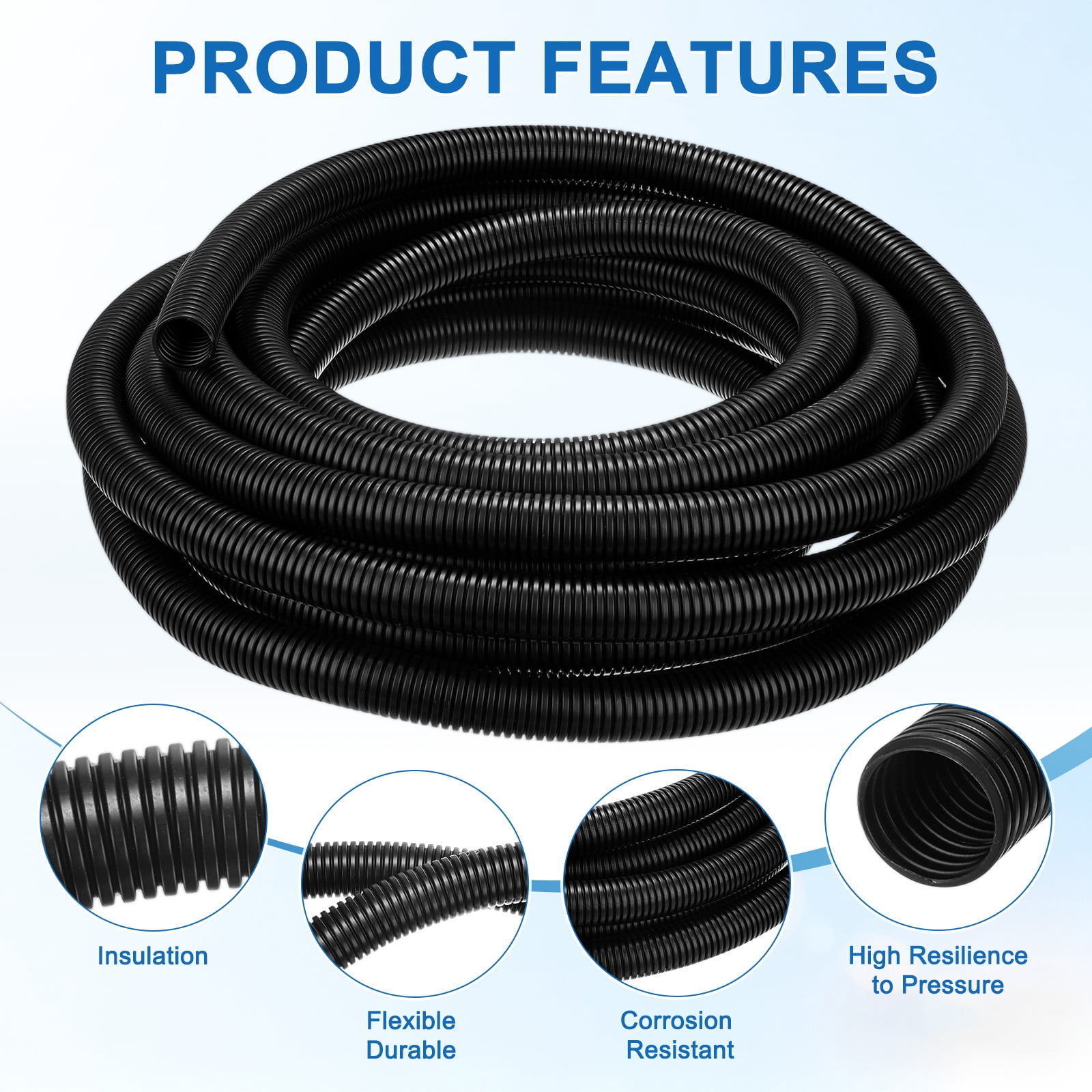 Uxcell 3/4" ID Pond Tubing, 26ft Corrugated Flexible Reinforced PP Hose Pipe Pump Tube for Garden Ponds/Waterfall Sump Pump Hose [Black]