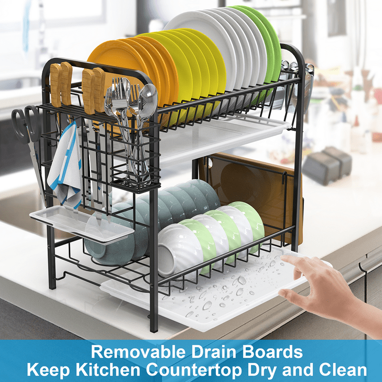 Dish Drying Rack For Kitchen Counter, 2-tier Rust-proof Dish Drying Rack  With Drain Board Hooks, Cutting Board Holder, Dish Rack For Kitchen Counter  With Utensil Holder, Kitchen Utensils, Apartment Essentials, Tools On
