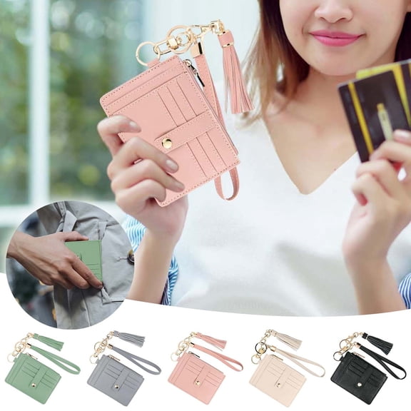 Slim RFID Blocking Wallet with Keychain Wristlet and Zippered Pocket for Secure Card Organization