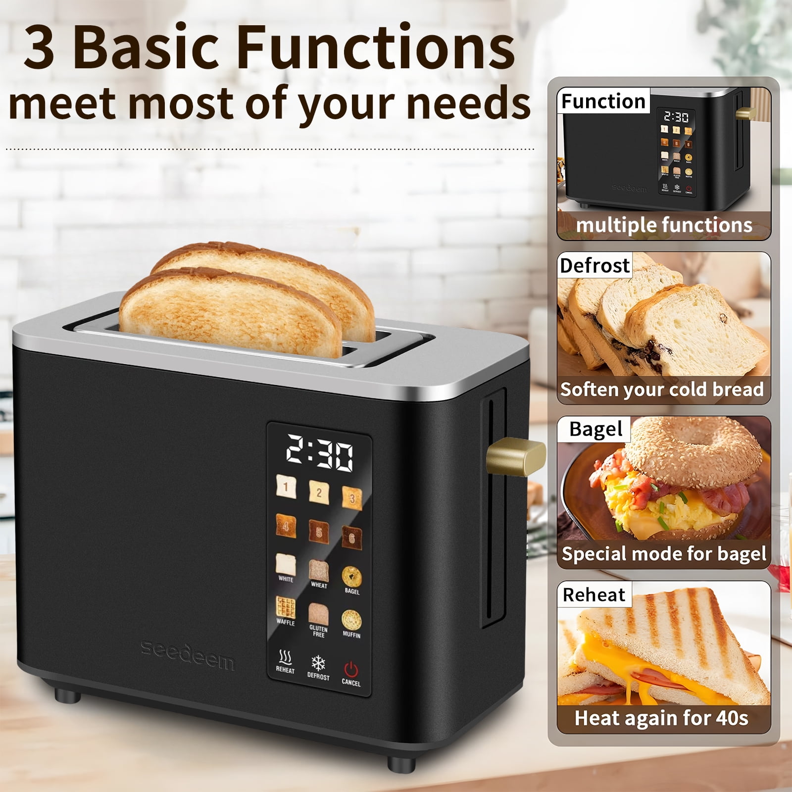 2 Slice-Toaster,Touch Control LCD Screen,6 Shade Setting & Bread Selection,Removable Crumb Tray,Stainless Steel,900W,Black