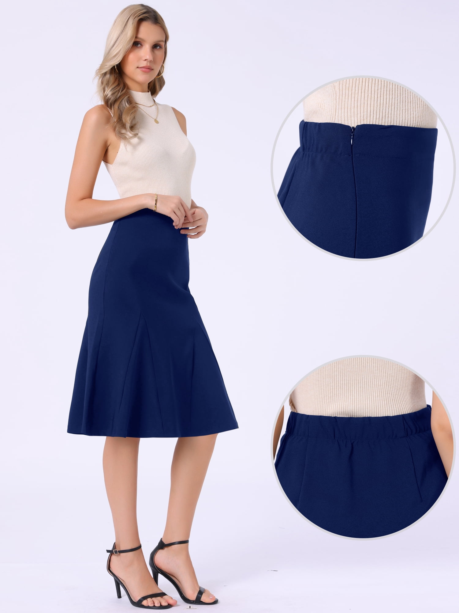 DARING DIVA Women's Midi Skirts Elastic High Waist A Line Flowy Skirt S Dark Blue