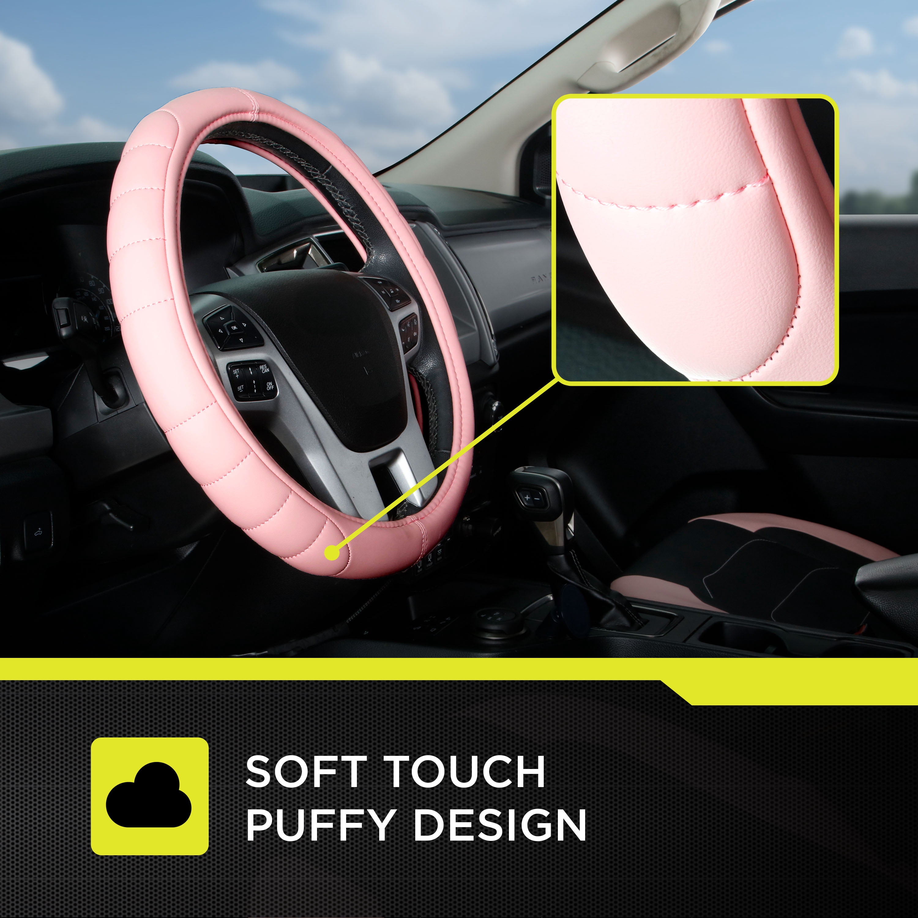 Auto Drive Soft Pink Faux Leather Quilted Steering Wheel Cover, Multiple Colors