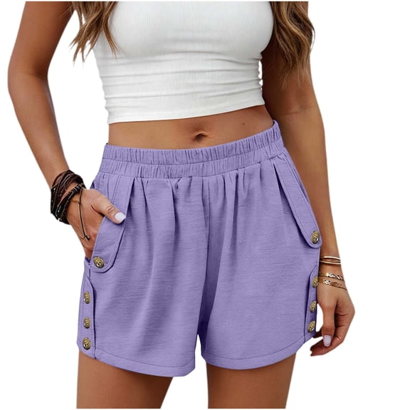 ZHYou No Boundarie Womens Casual Summer Shorts High Waist Elastic Waist Loose Fit Button Side Shorts with Pockets Purple Size XL