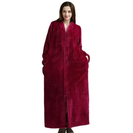 

Clearance!Long Zipper Bathrobe Flannel Fleery Ladies Robe Women s Warm Pajamas Bathrobe Wine Red M