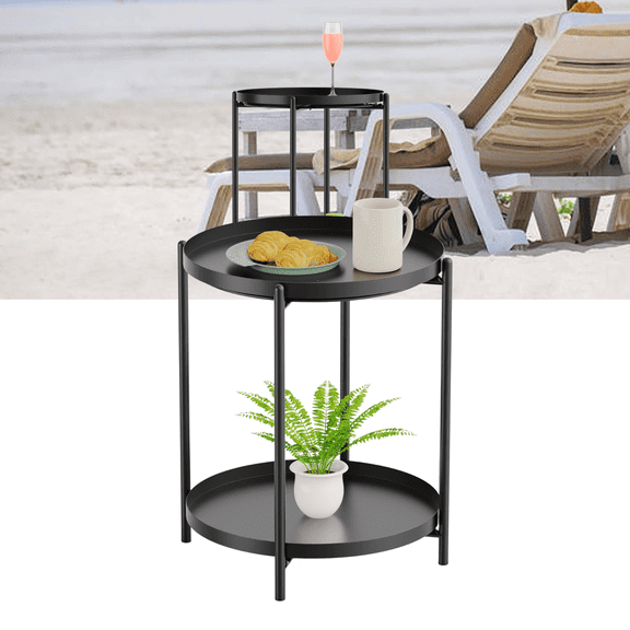 Yesker Side Table, End Table Metal Small Table Indoor Outdoor & Snack Bedside Table Sofa Side Snack Table Accent Coffee Table Living Room Bedroom Balcony 2 Layer (Black)