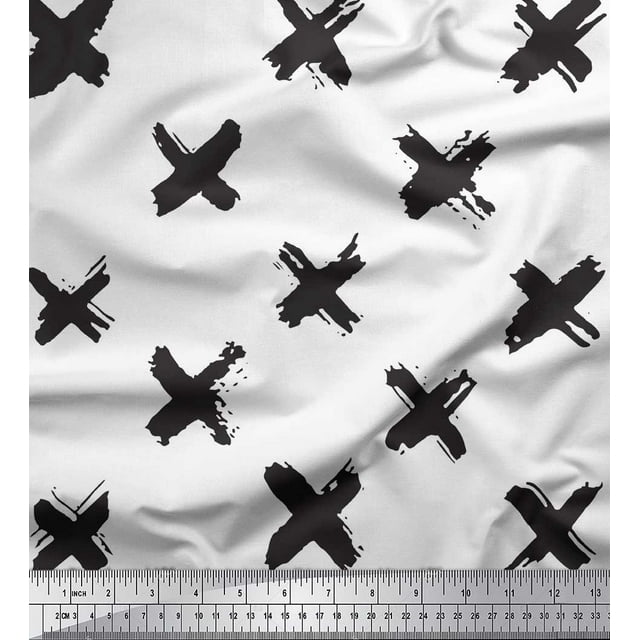 Soimoi White polyester Crepe Fabric Brush Stroke Abstract Print Sewing Fabric Yard 42 Inch Wide