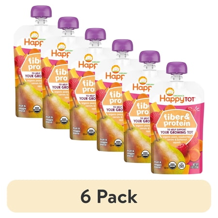 (6 pack) Happy Tot Organics Fiber & Protein Stage 4, Pears Raspberries Carrots & Butternut Squash Organic Tot Food, 4 oz. Pouch