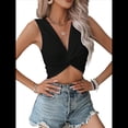 thumbnail image 3 of Top Corto Sin Mangas con Cuello en V y Tirantes Finos de Punto Acanalado para Mujer Negro M, 3 of 9