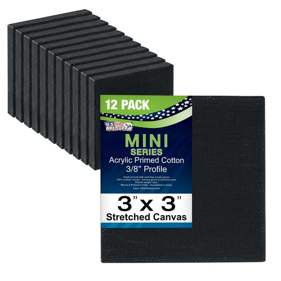 U.S. Art Supply 3" x 3" Black Mini Professional Primed Stretched Canvas (1-Pack of 12-Black Mini Canvases)