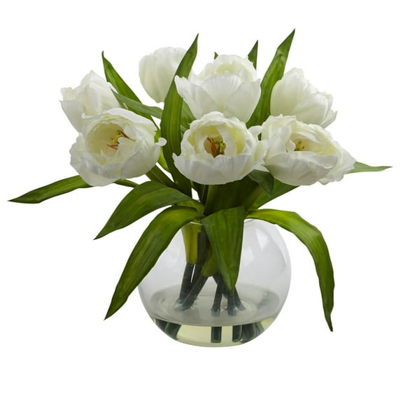 Nearly Natural Artificial Tulips Centerpiece Arrangement with Vase, White