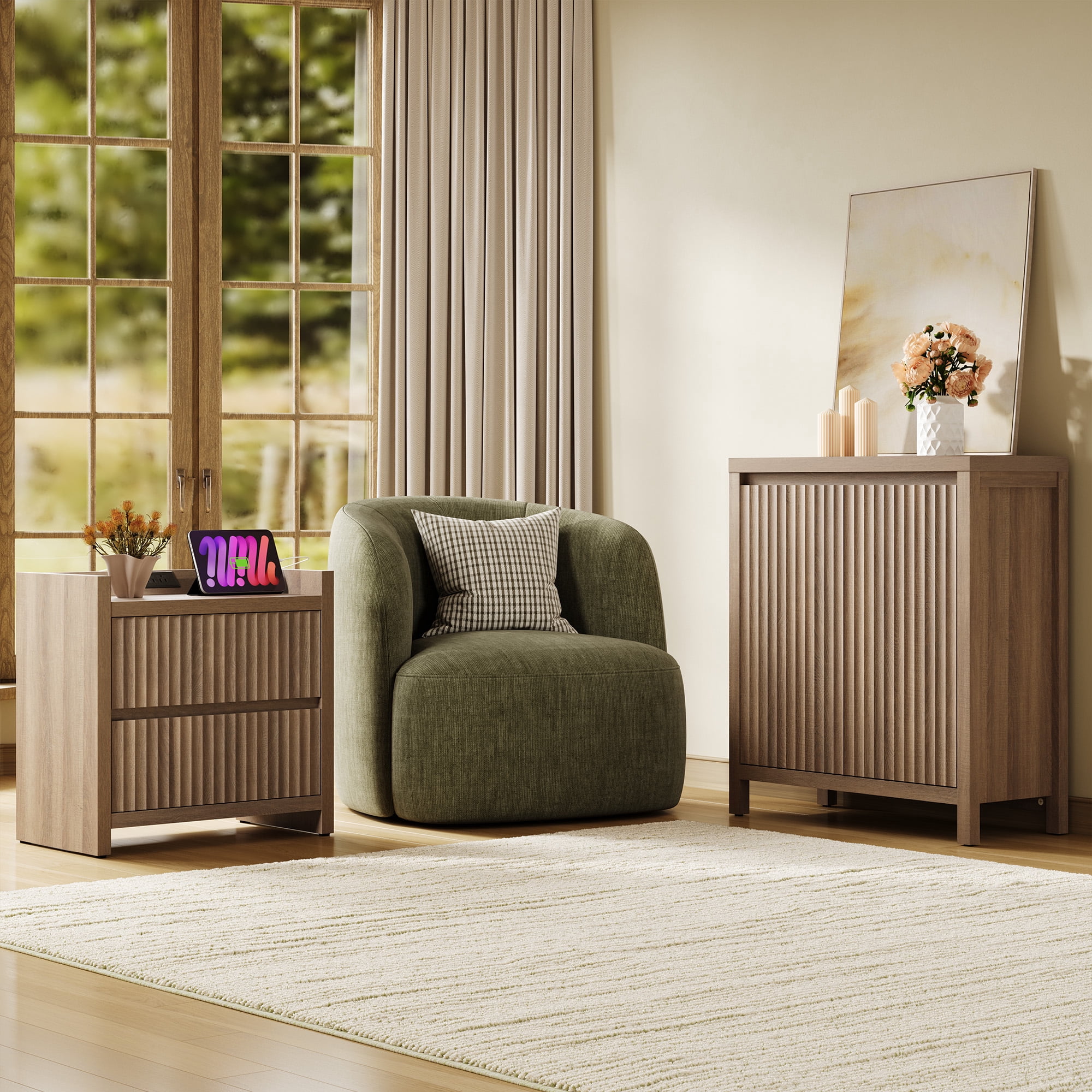 SICOTAS 25.4" Wide Nightstand Set of 2 with Charging Station, Modern Night Stand  with  2 Fluted Drawer & Handle-Less Storage Farmhouse Bed Side Table  for Bedroom, Natural Oak