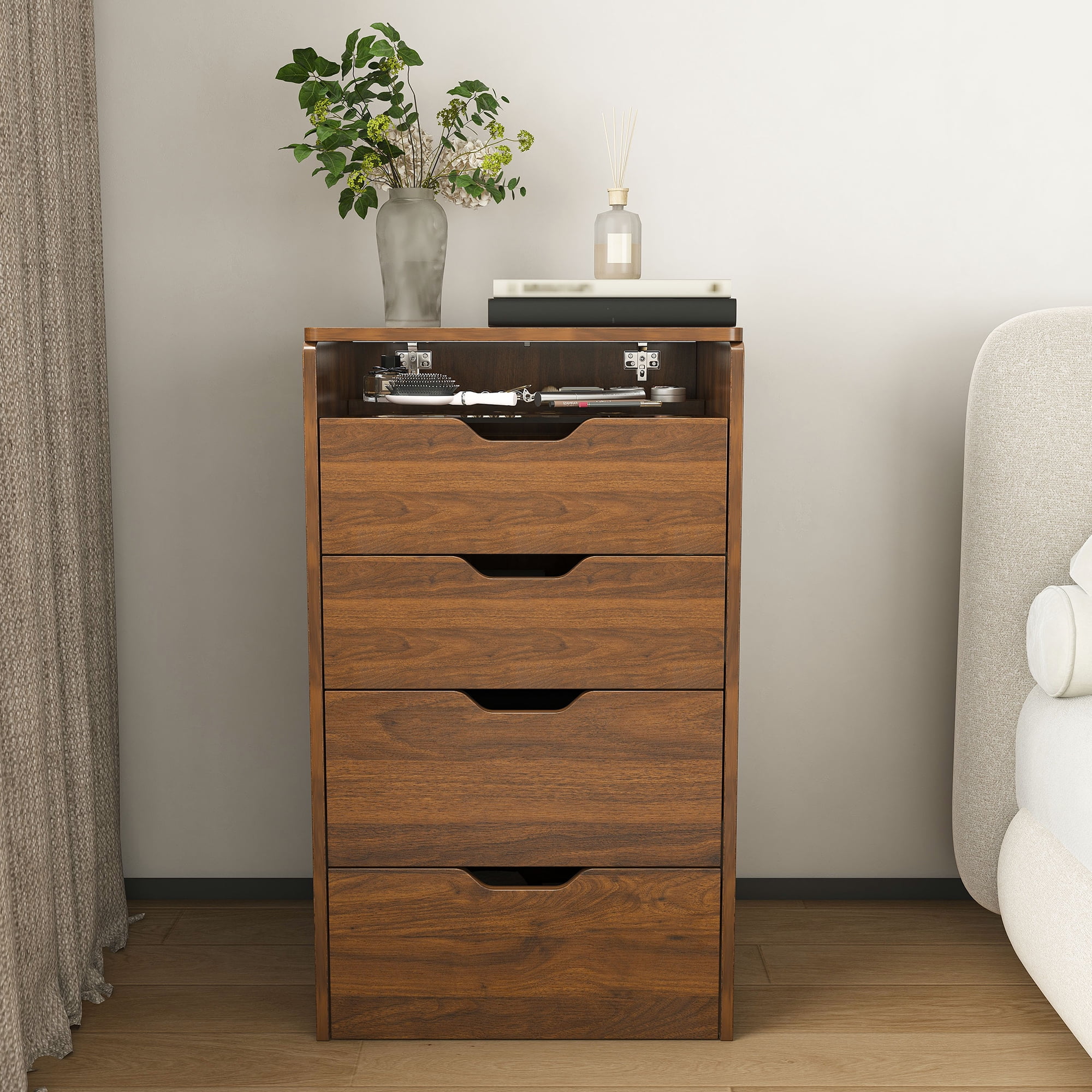 Mintazer 3-in-1 Vanity Desk with LED Lighted Mirror & Storage Stool, Flip Top Makeup Vanity with Drawers, Multifunctional Dresser Nightstand for Bedroom, Walnut
