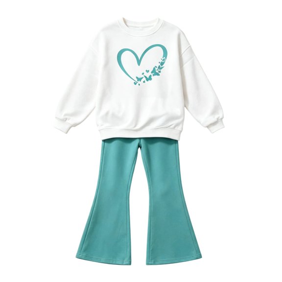CPNG Girls Casual Outfits Heart Butterfly Print Long Sleeve Crewneck Sweatshirt and Flare Pants 2 Piece Set Kids Casual Daily Streetwear Set