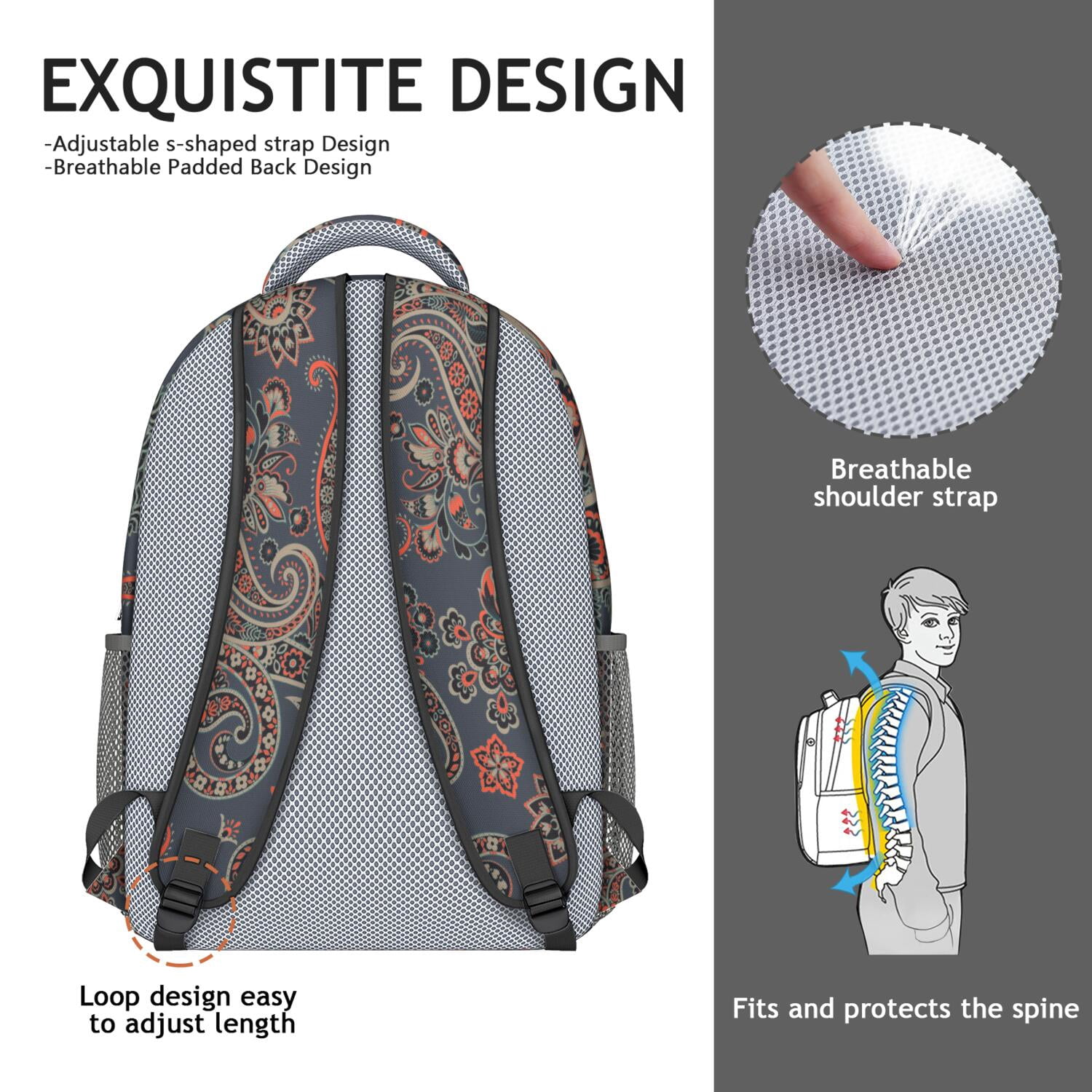 Decorative Paisley Print School Backpack - Waterproof & Breathable Bookbag with Adjustable Straps