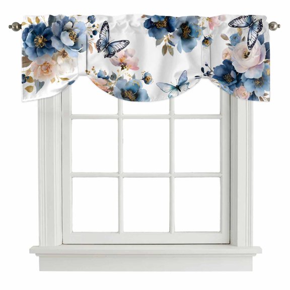 Tie Up Valances for Windows, Vintage Blue Floral Adjustable Valance Curtains Window Treatment for Living Room, Farmhouse Watercolor Flower Butterflies Rod Pocket Kitchen Curtains & Drapes 42x18 Inch