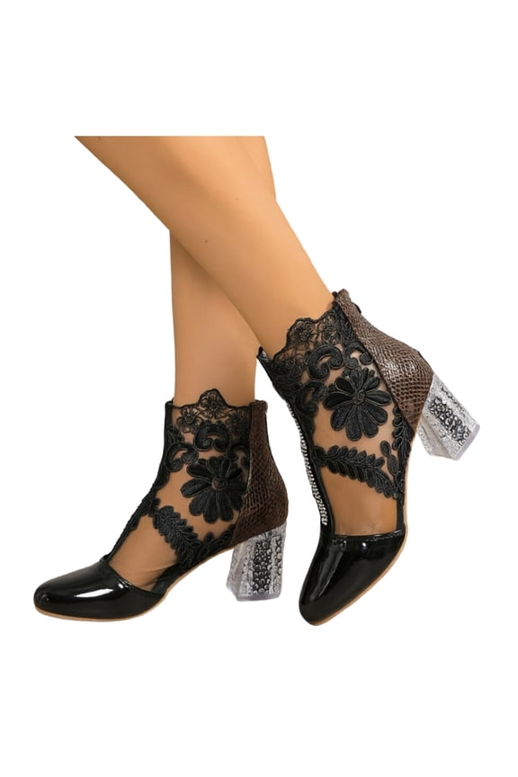 Transparent Flower Lace High Heels Dressy Boots for Women Ladies All Season Fashion Mesh Leather Patchwork Pointed Toe Chunky Block Pumps Dress Ankle Booties with Back Zipper Black Size 9
