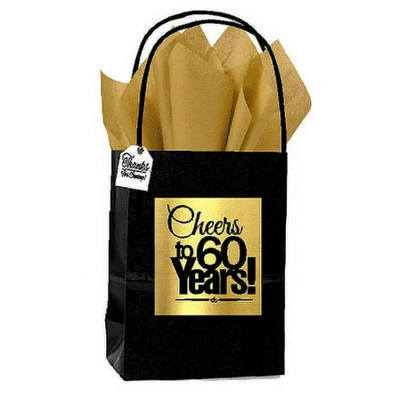 Black & Gold 60th Birthday / Anniversary Cheers Themed Small Party Favor Gift Bags with Tags -12pack