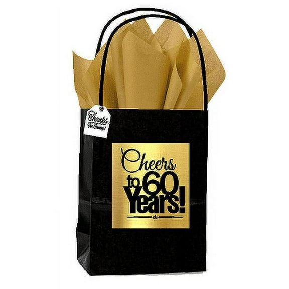 Black & Gold 60th Birthday / Anniversary Cheers Themed Small Party Favor Gift Bags with Tags -12pack