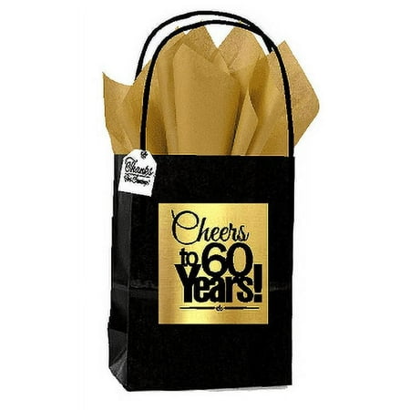 Black & Gold 60th Birthday / Anniversary Cheers Themed Small Party Favor Gift Bags with Tags -12pack