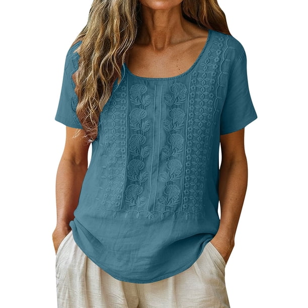 Craaazy Women Casual Loose Fit Blouse, Solid Color Short Sleeve Cotton Linen Top, Comfy Round Neck Embroidered Tunic for Daily Wear Gifts