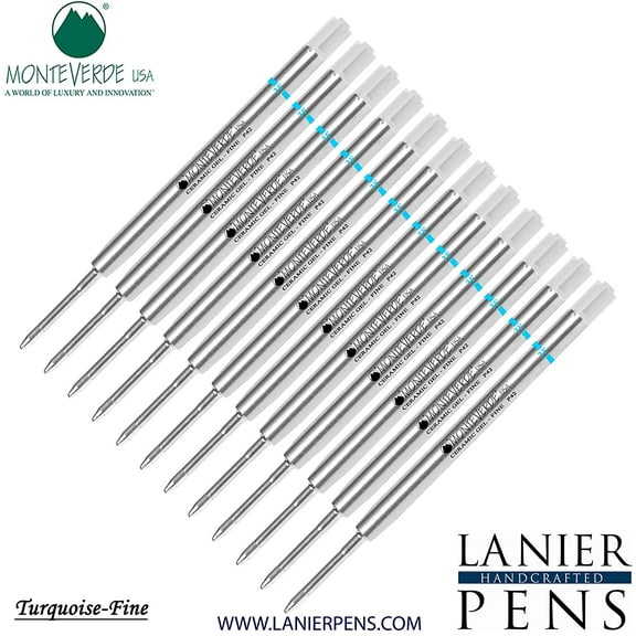 Lanier Combo Pack - 12 Pack - Monteverde Capless Ceramic Gel P42 Ink Refill Compatible with most Parker Style Ballpoint Pens - Turquoise (Fine Tip 0.6mm)