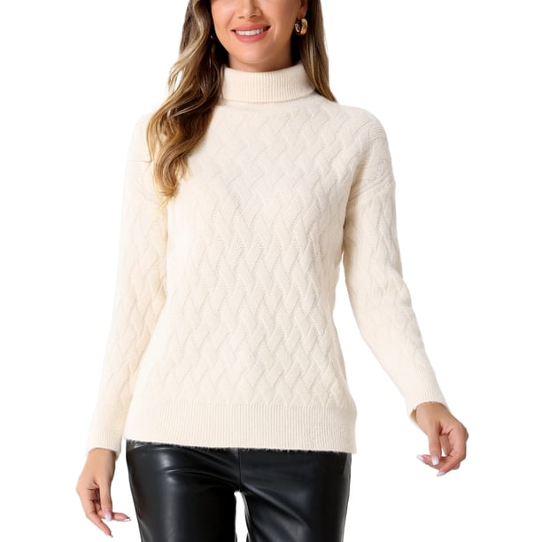 Suéter de cuello alto INSPIRE CHIC para mujer, de manga larga, de punto elástico, abrigo de invierno, blanco, L