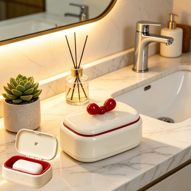 Cute Bowknot Soap Dishes With Lid Dustproofs Selfs Draining Soap Holders With Cover Decorative Bathroom Soap Tray For Home Kitchen Shower Gym Travel
