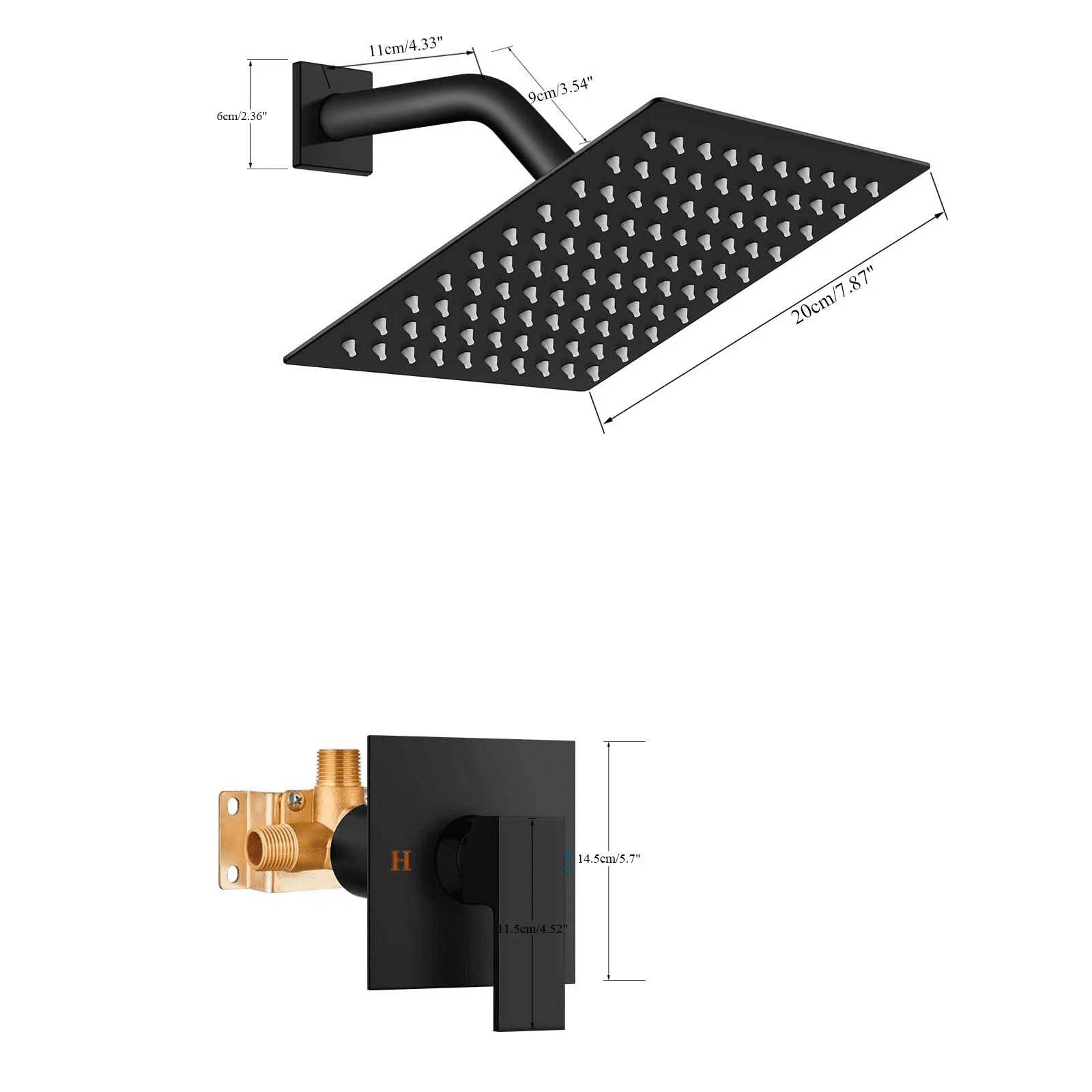 Shower Faucet Set Black Rain Shower Head Combo with Mixer Valve Kit Wall Mounted