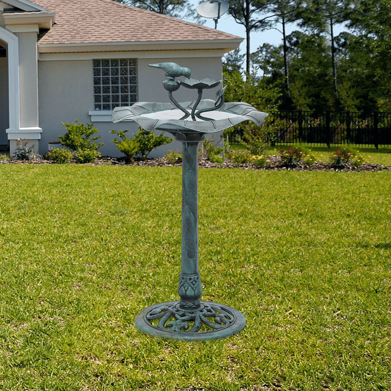OSM 35" Outdoor Bird Bath and Feeder Set with Pedestal, Vintage Lotus Design, Weather-Resistant, 1.3-Gallon Water Capacity for Garden, Backyard, Patio, Grenn