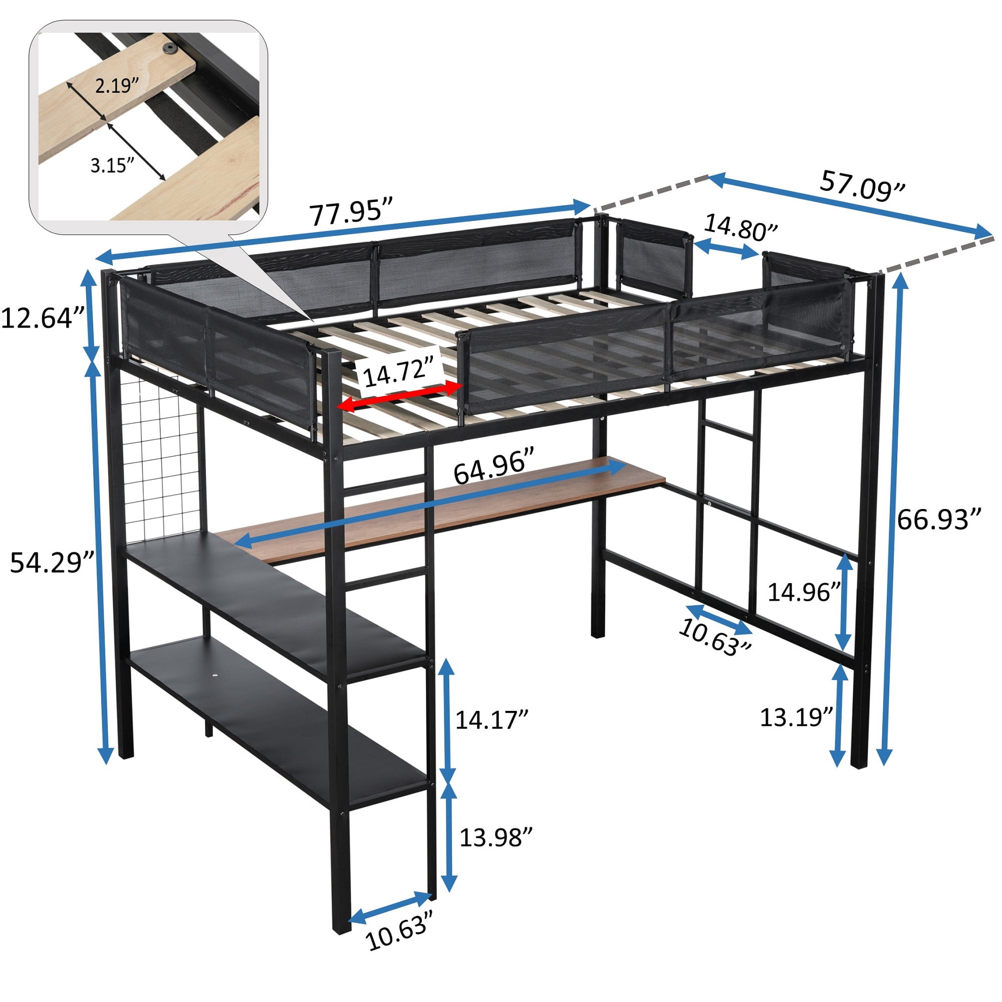 DEALTOPS Full Size Metal Loft Bed with Desk and 2-Tier Shelves and Grid Panel, Textilene Guardrail, Black