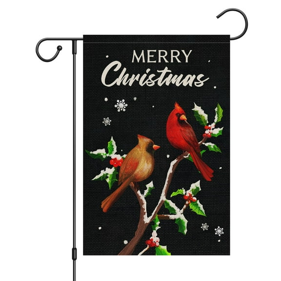 VOCHIC Merry Christams Garden Flag 12x18 Double Sided, Small Vertical Burlap Cardinal Bird Christams Yard Flag Winter Holiday Farmhouse Outdoor Decorations