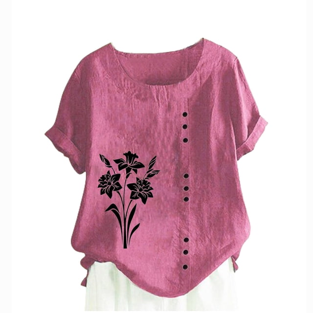 Blouses pour Femmes, T-Shirt à Boutons Imprimé Décontracté Mode d'Été pour Femmes à Col Rond et Manches Courtes
