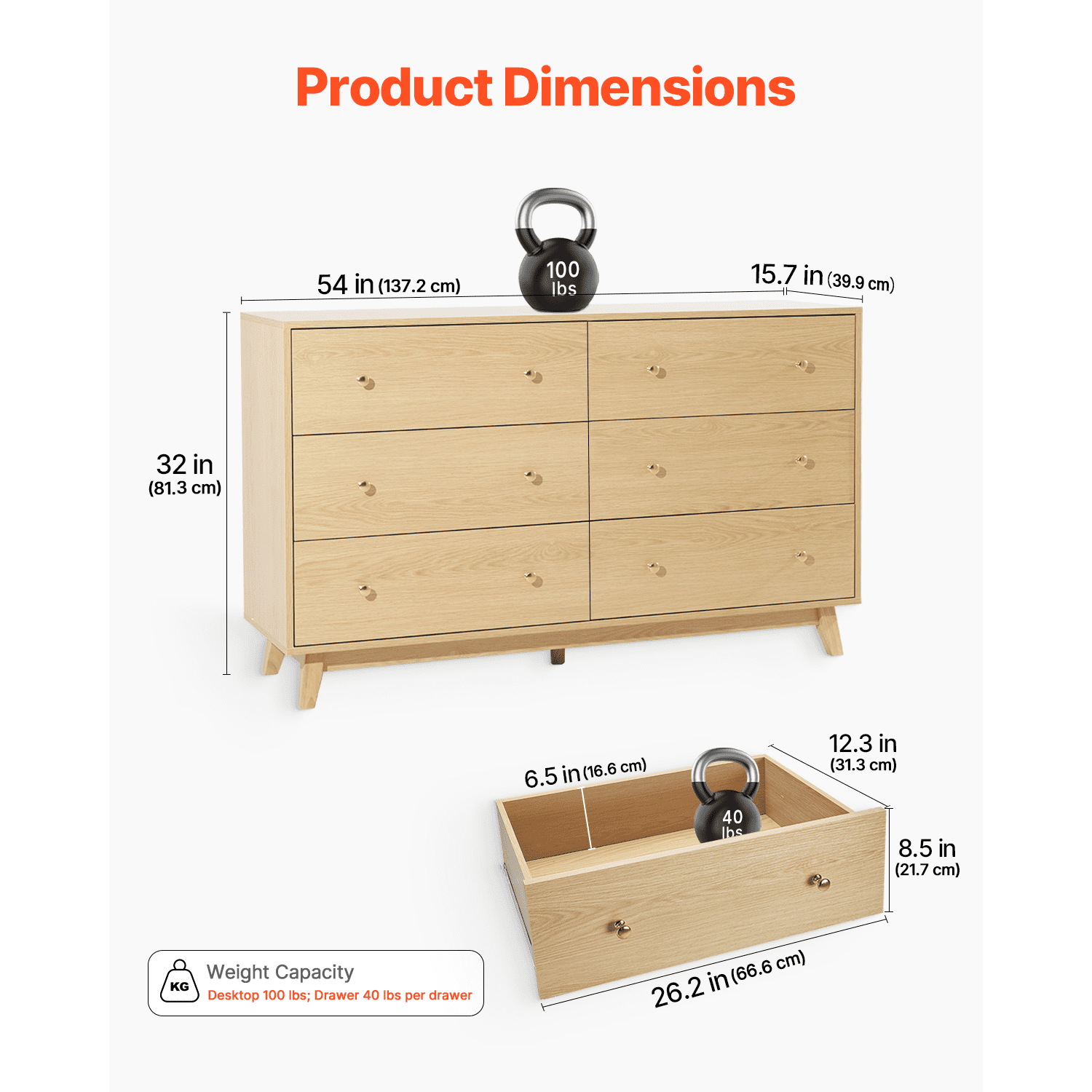 KFFKFF 6 Drawer Wooden Dresser, Chest of Drawers with Sliding Mechanism and Anti-Tip Safety, Modern Minimalist Storage Organizer for Bedroom, Living Room, Hallway, or Entryway, Light Wood Finish
