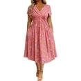 thumbnail image 2 of Ayolanni Floral Sundresses for Women Short Sleeve V-Neck Boho Midi A-Line Dress Vacation Fitted Waist Beach Going Out Twist Sundress with Pockets Pink XXXXL, 2 of 5