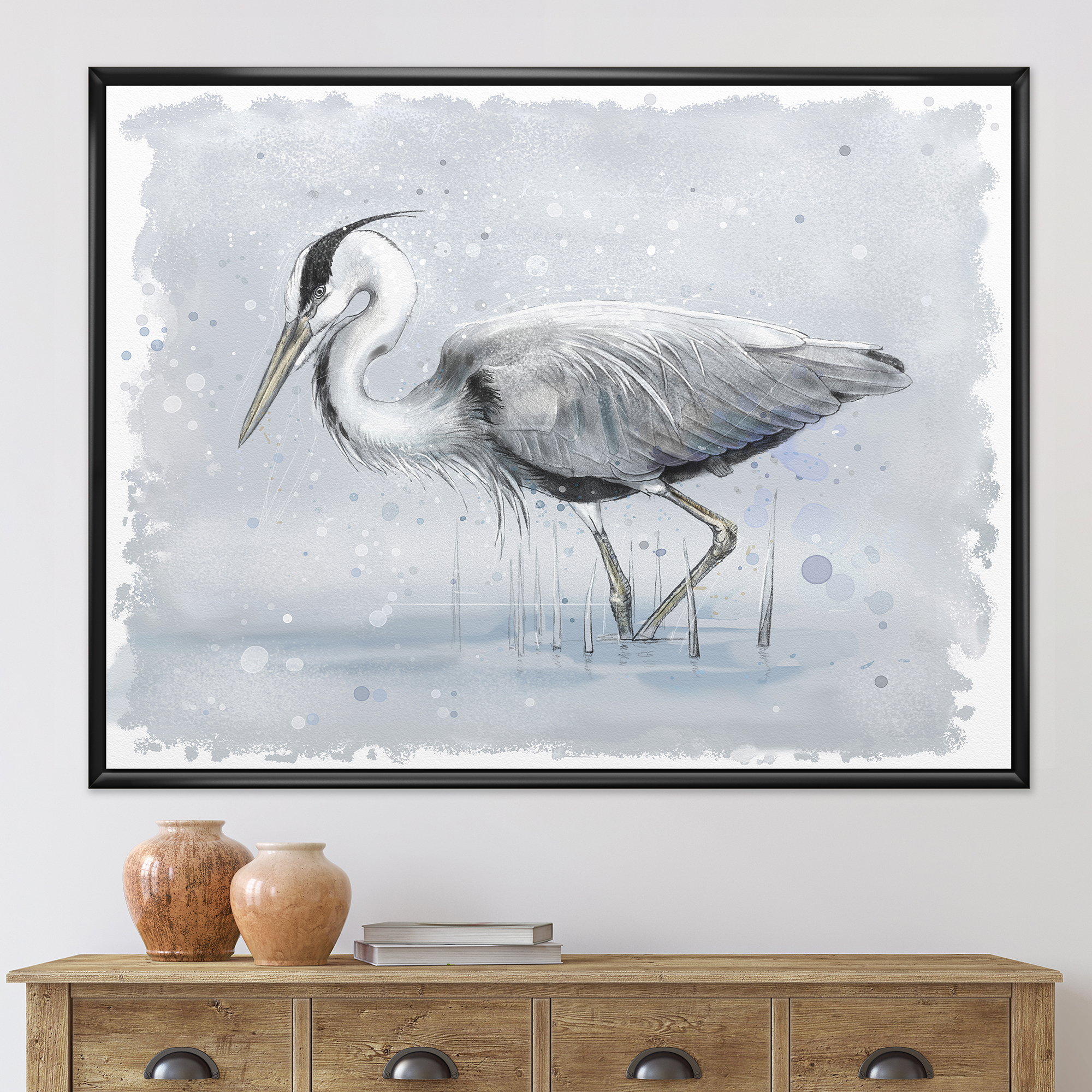 Grey Heron Bird In Lake 40 in x 30 in Framed Painting Canvas Art Print, by Designart