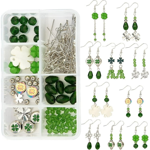 Kit para hacer aretes de San Patricio con 10 pares de cuentas y temática verde, con dijes de trébol de cuatro hojas