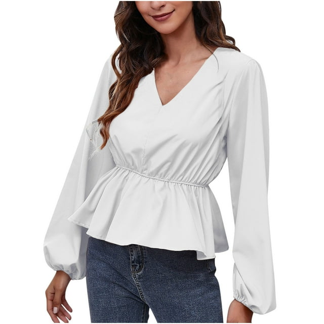 Camisas Para Mujer, Camisetas de Gran Tamaño, Manga Larga, Otoño E Invierno, Cuello en V, Manga Farol, Camisa de Gasa, Top de Cintura de Color Sólido Odeerbi ODB136480
