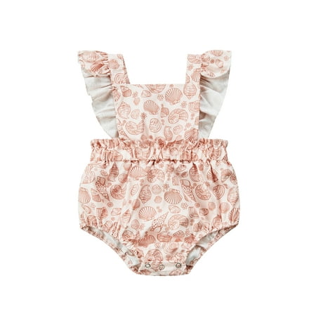 

Calsunbaby Summer Baby Girls Romper Shell Print Ruffle Flying Sleeve Back Bandage Snap Crotch Bodysuit Pink Shell 18-24 Months