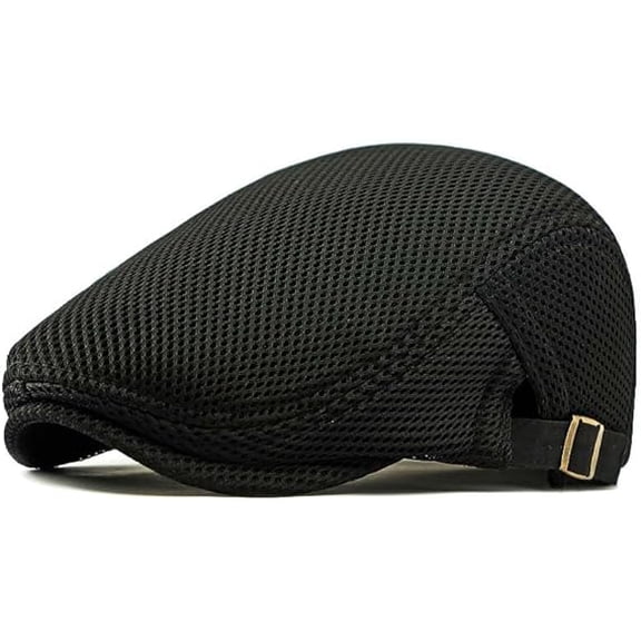 Mesh Breathable Flat Cap with Adjustable Strap for Men Women, Lightweight Summer Newsboy Hat for Driving Walking Outdoor Activities (Black)